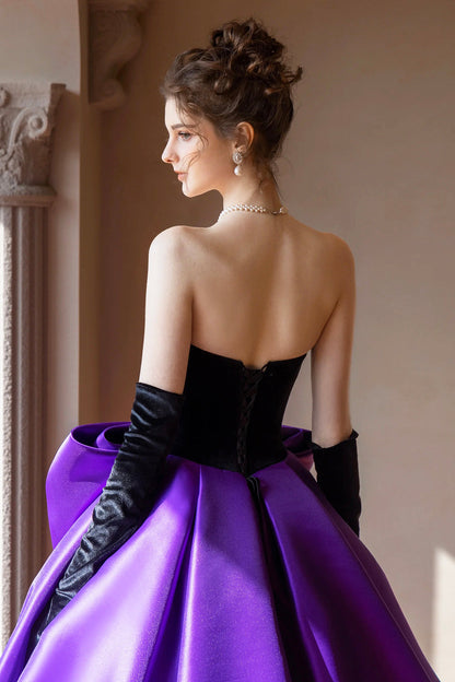 Black Velvet and Satin Long Formal Dress, Beautiful Strapless Evening Party Dress with Bow