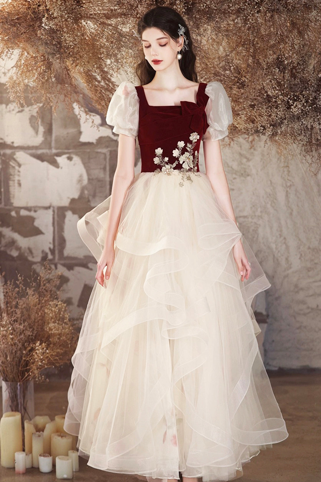 Champagne Tulle and Burgundy Velvet Long Prom Dress, Lovely A-Line Evening Party Dress