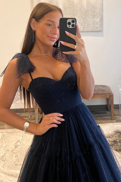 Navy Blue Tulle Long Prom Dress, A-Line Sweetheart Neck Evening Party Dress