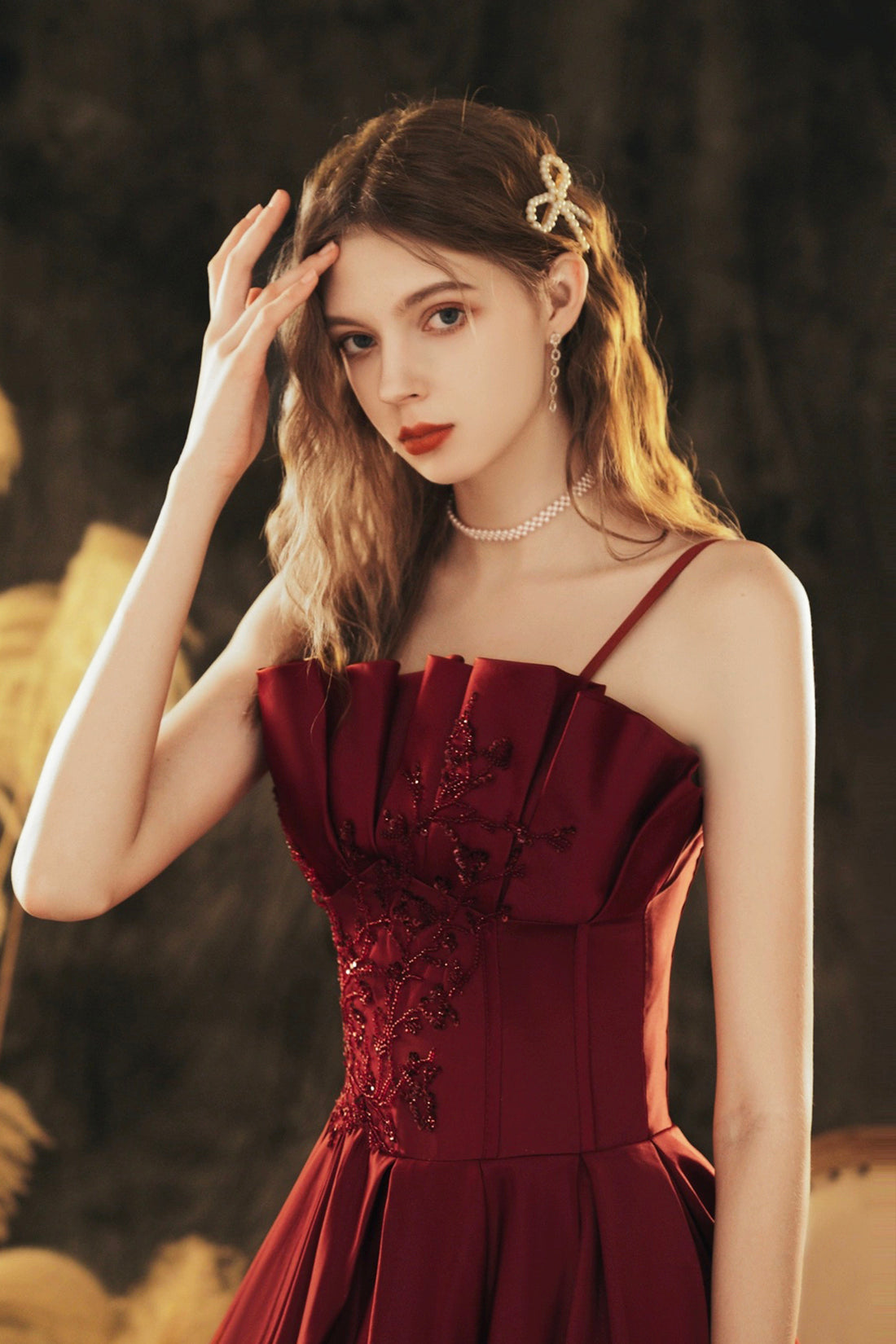 Burgundy Spaghetti Strap Satin Long Prom Dress, Beautiful A-Line Evening Party Dress