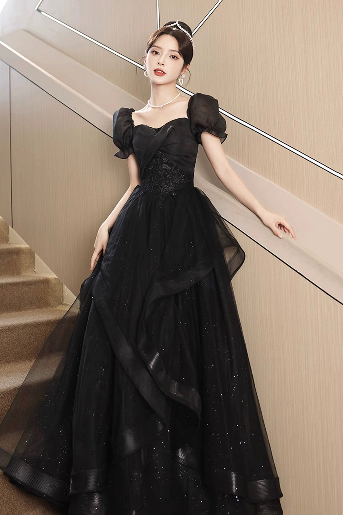 Black Tulle Lace Short Sleeve Floor Length Prom Dress, Black A-Line Evening Party Dress