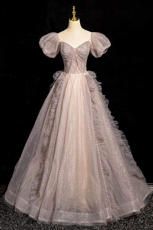 Beautiful Tulle Beaded Long Prom Dress, Khaki A-Line Short Sleeve Evening Party Dress