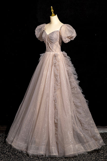 Beautiful Tulle Beaded Long Prom Dress, Khaki A-Line Short Sleeve Evening Party Dress