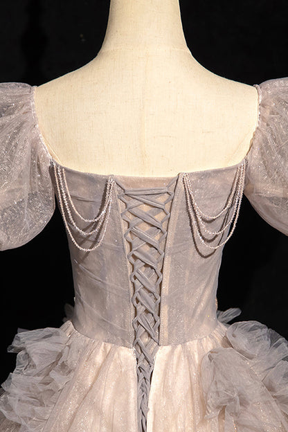 Beautiful Tulle Beaded Long Prom Dress, Khaki A-Line Short Sleeve Evening Party Dress