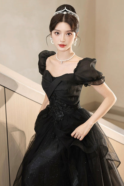 Black Tulle Lace Short Sleeve Floor Length Prom Dress, Black A-Line Evening Party Dress