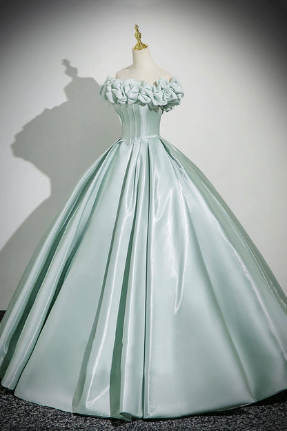 Green Satin Long Prom Dress, Beautiful A-Line Off the Shoulder Party Dress