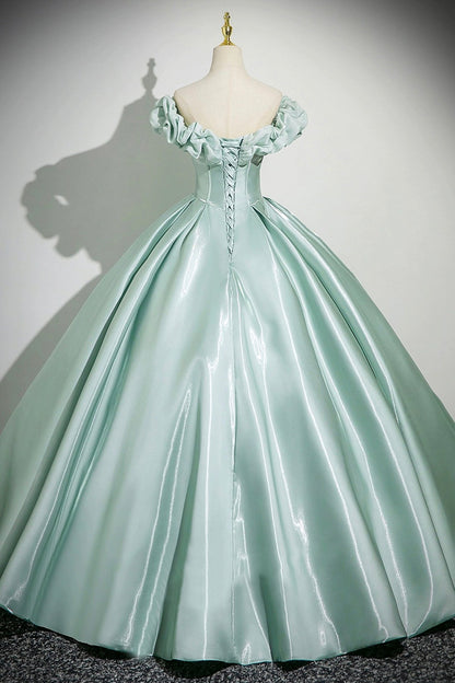 Green Satin Long Prom Dress, Beautiful A-Line Off the Shoulder Party Dress
