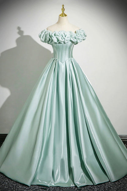 Green Satin Long Prom Dress, Beautiful A-Line Off the Shoulder Party Dress