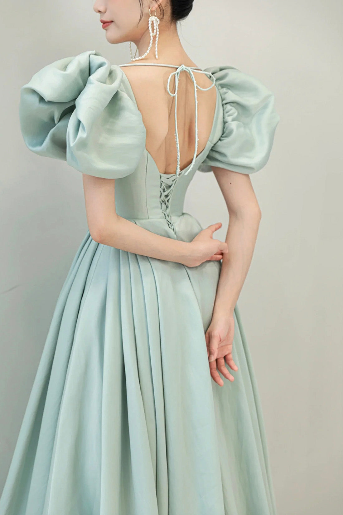 Light Green Satin Long A-Line Prom Dress, Cute Short Sleeve Evening Dress