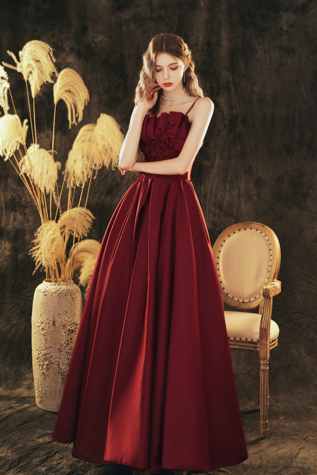 Burgundy Spaghetti Strap Satin Long Prom Dress, Beautiful A-Line Evening Party Dress