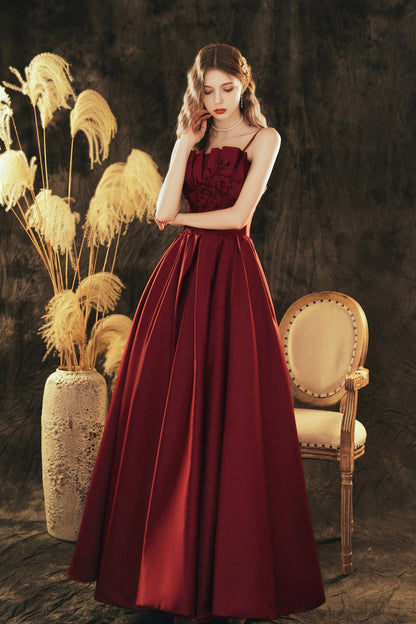 Burgundy Spaghetti Strap Satin Long Prom Dress, Beautiful A-Line Evening Party Dress