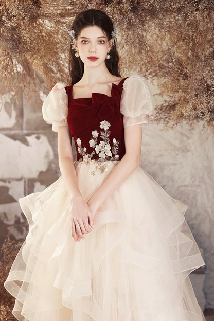 Champagne Tulle and Burgundy Velvet Long Prom Dress, Lovely A-Line Evening Party Dress