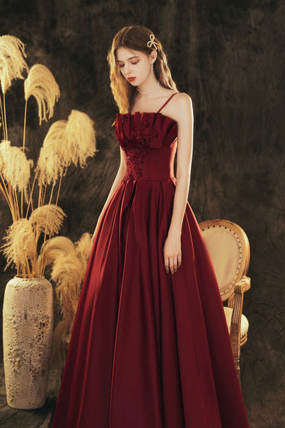 Burgundy Spaghetti Strap Satin Long Prom Dress, Beautiful A-Line Evening Party Dress