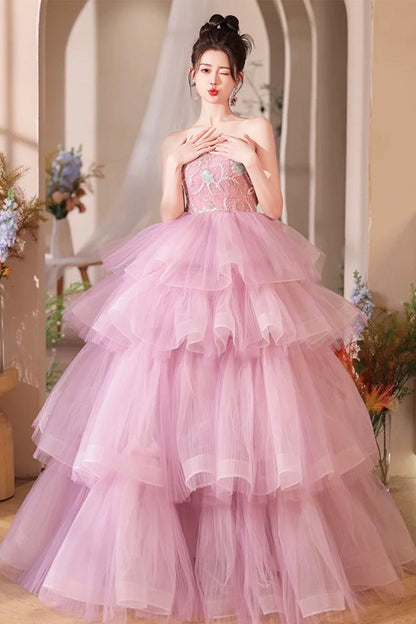 Pink Tulle Layers Long A-Line Prom Dress, Pink Sweetheart Neckline Evening Gown