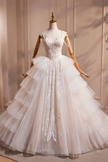 Champagne Sweetheart Layers Princess Dress, Beautiful Spaghetti Straps Tulle Formal Gown