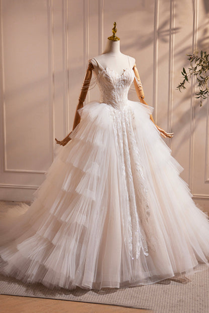 Champagne Sweetheart Layers Princess Dress, Beautiful Spaghetti Straps Tulle Formal Gown