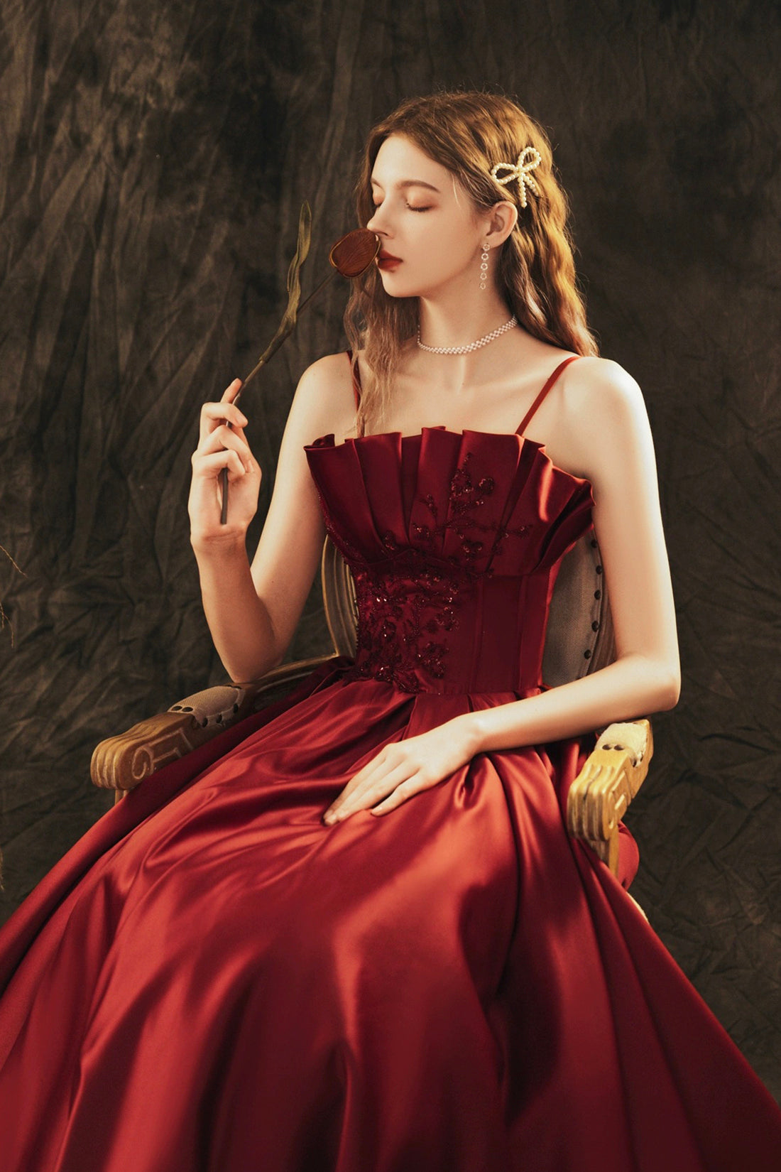 Burgundy Spaghetti Strap Satin Long Prom Dress, Beautiful A-Line Evening Party Dress