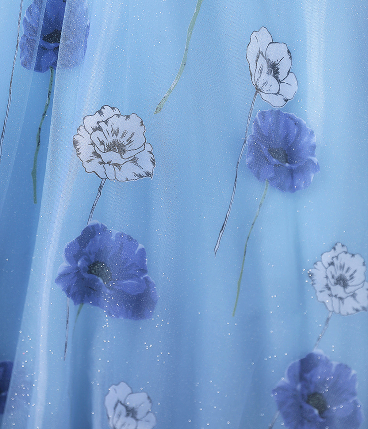 Beautiful Floral Tulle Long Prom Dress, Blue Short Sleeve Evening Dress