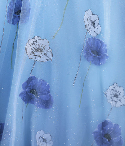 Beautiful Floral Tulle Long Prom Dress, Blue Short Sleeve Evening Dress
