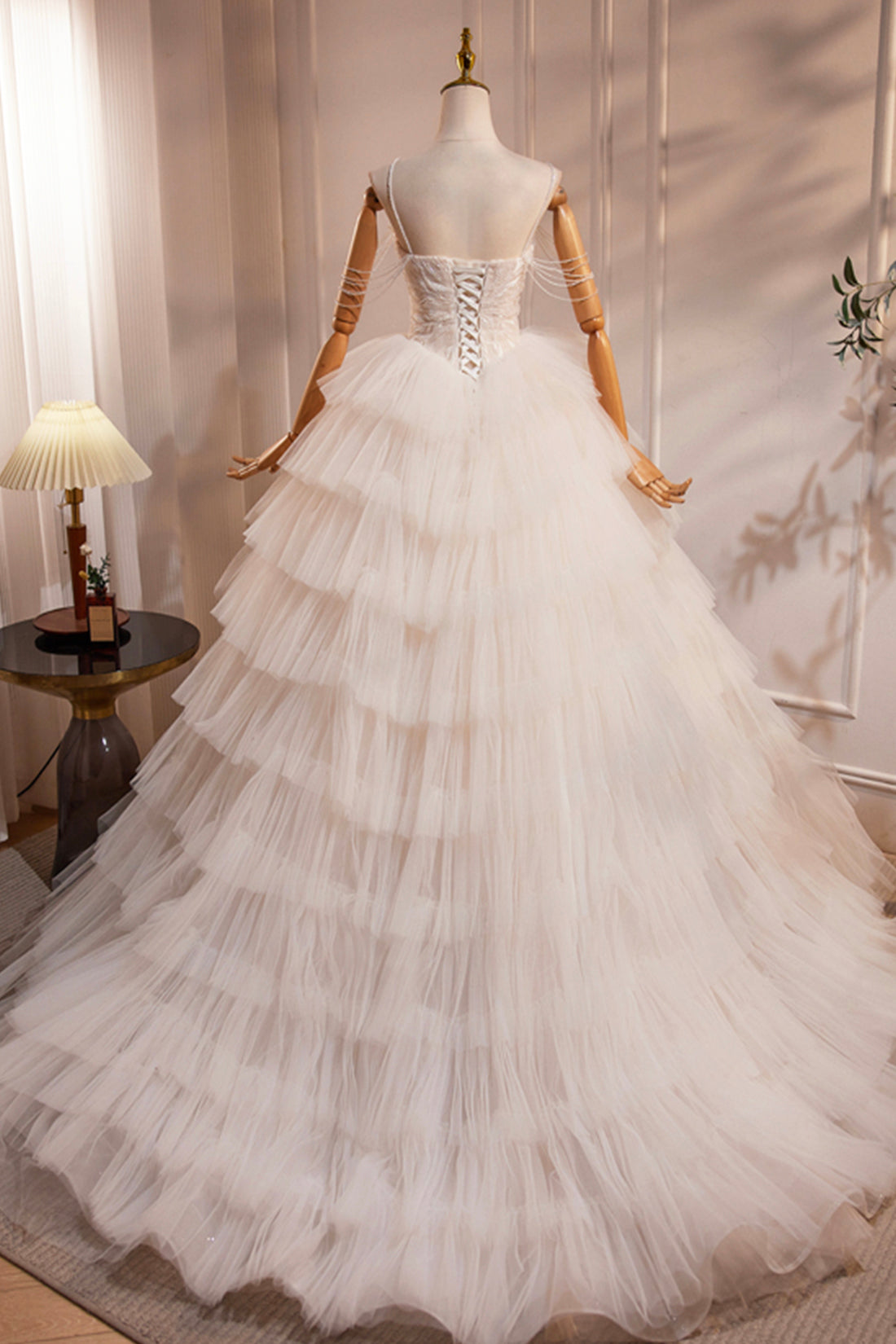 Champagne Sweetheart Layers Princess Dress, Beautiful Spaghetti Straps Tulle Formal Gown