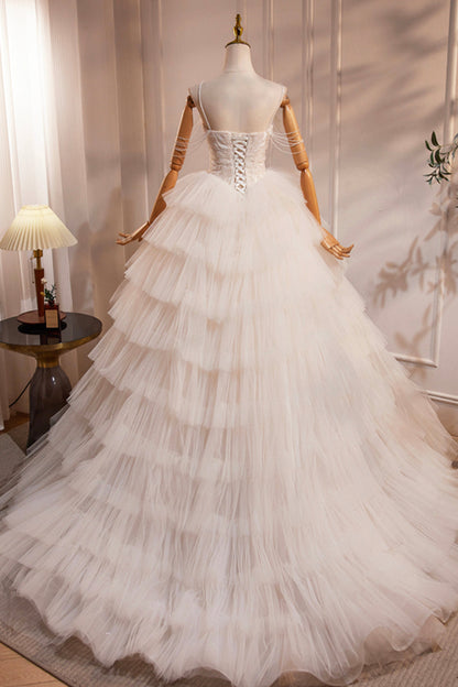 Champagne Sweetheart Layers Princess Dress, Beautiful Spaghetti Straps Tulle Formal Gown