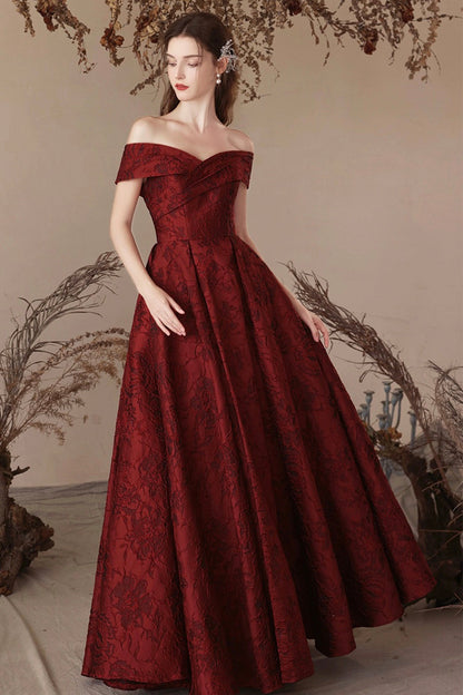 Burgundy Satin Long Prom Dress, Beautiful A-Line Off the Shoulder Evening Party Dress