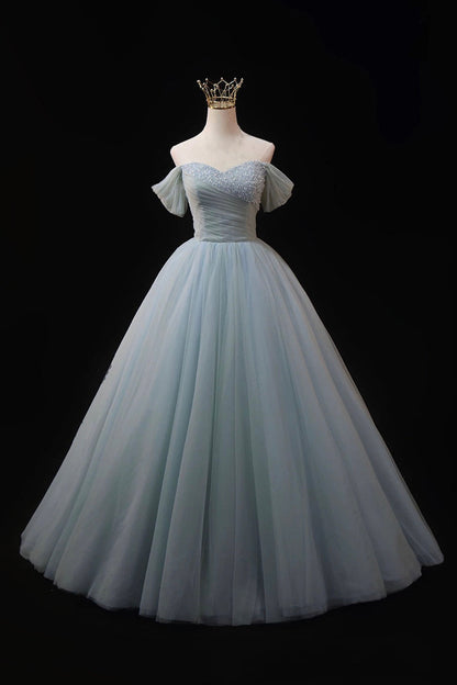 Dusty Blue Tulle Beaded Floor Length Formal Dress, Off the Shoulder A-Line Evening Party Dress