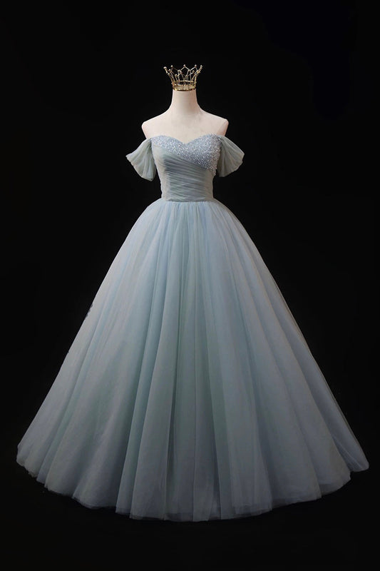 Dusty Blue Tulle Beaded Floor Length Formal Dress, Off the Shoulder A-Line Evening Party Dress