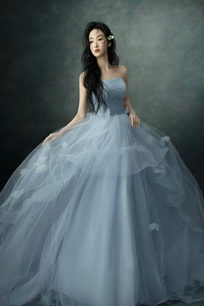 Gray Blue Strapless Tulle Long Prom Dress, Beautiful A-Line Evening Party Dress