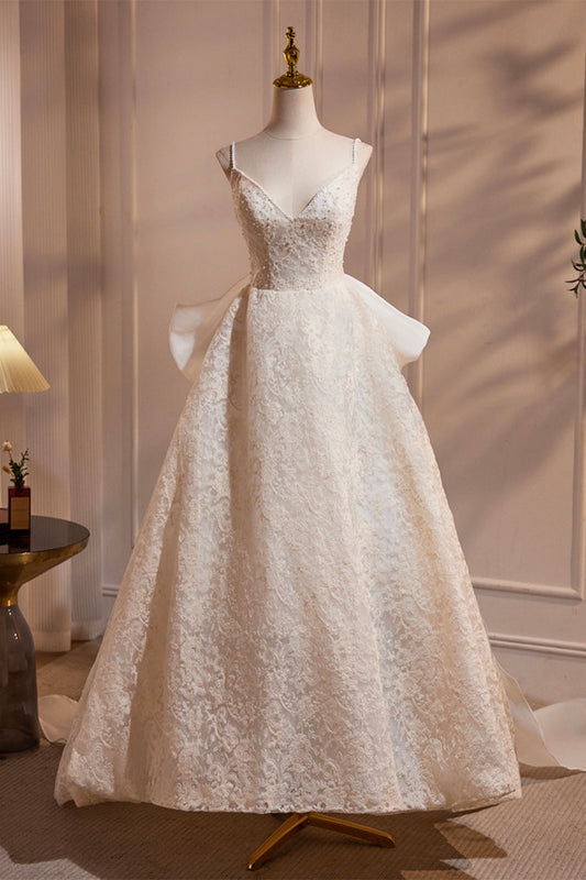 Light Champagne V-Neck Lace Long Prom Dress, A-Line Spaghetti Straps Backless Party Dress with Bow