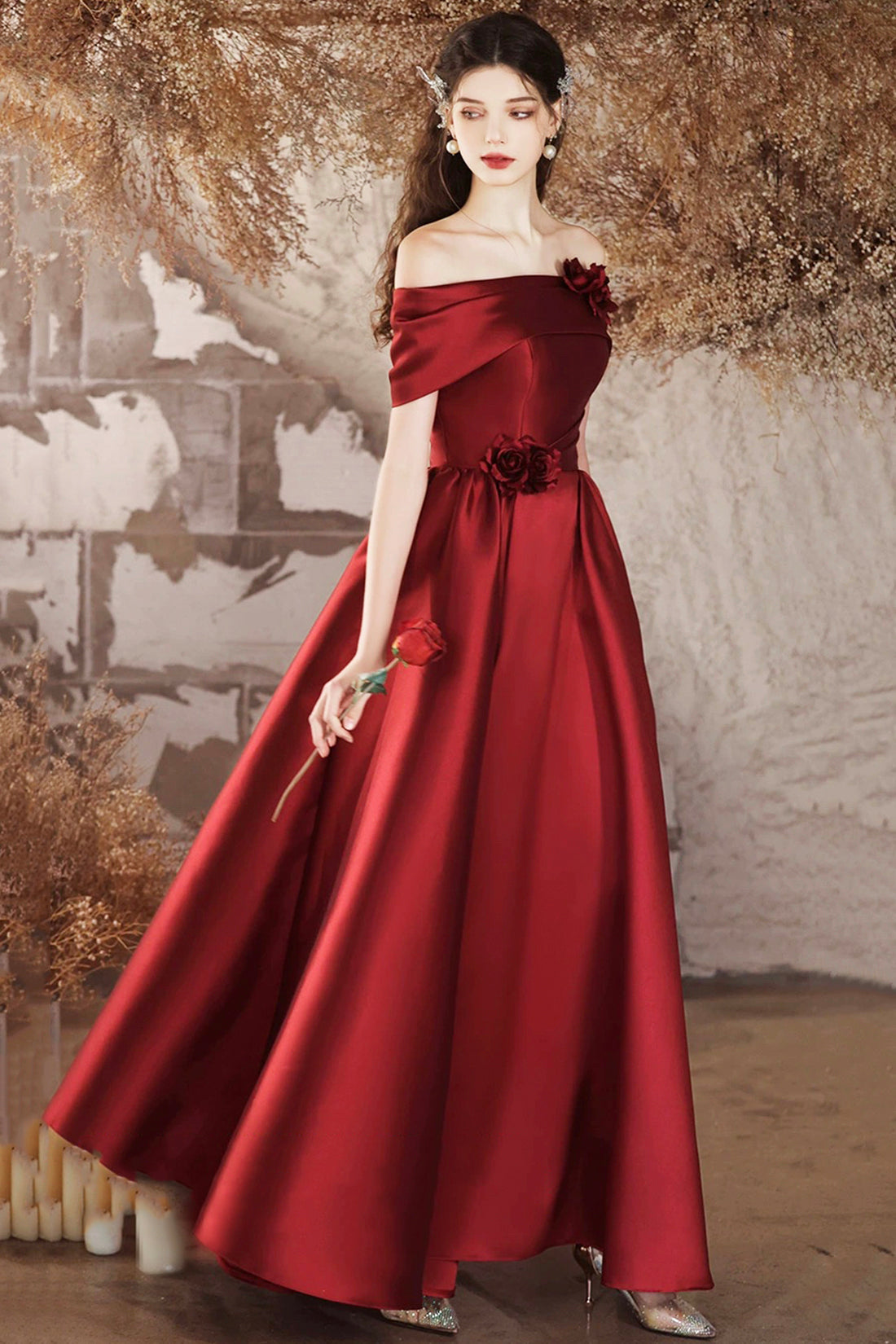Burgundy Satin Long A-Line Prom Dress, Off the Shoulder Evening Party Dress