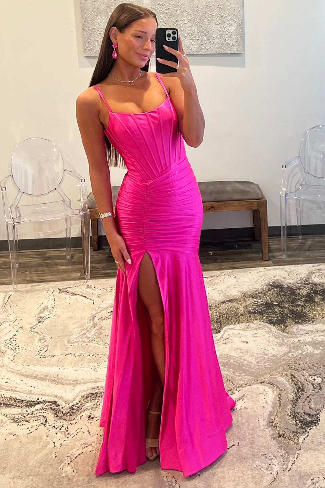 Mermaid Spaghetti Strap Satin Long Prom Dress, Hot Pink Corset Evening Party Dress