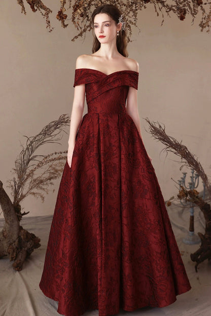 Burgundy Satin Long Prom Dress, Beautiful A-Line Off the Shoulder Evening Party Dress