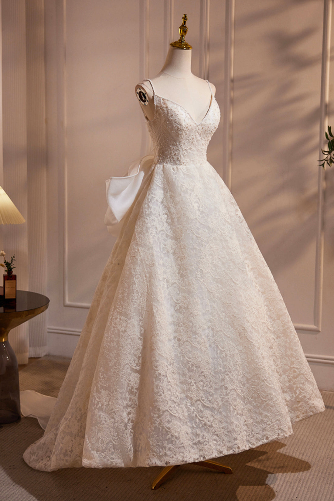 Light Champagne V-Neck Lace Long Prom Dress, A-Line Spaghetti Straps Backless Party Dress with Bow