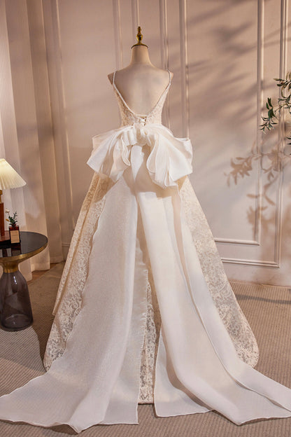 Light Champagne V-Neck Lace Long Prom Dress, A-Line Spaghetti Straps Backless Party Dress with Bow