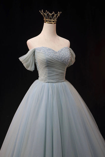 Dusty Blue Tulle Beaded Floor Length Formal Dress, Off the Shoulder A-Line Evening Party Dress