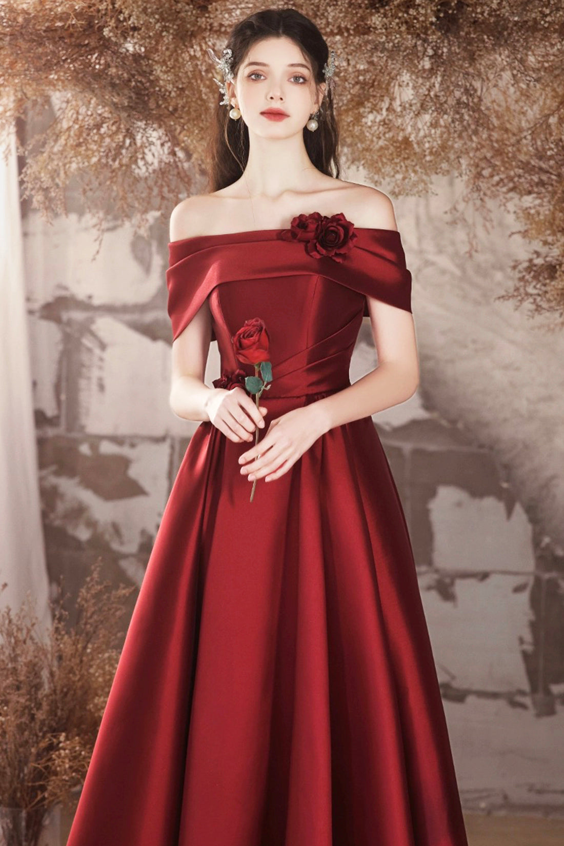 Burgundy Satin Long A-Line Prom Dress, Off the Shoulder Evening Party Dress