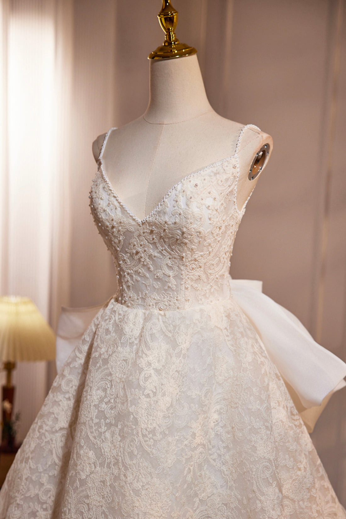 Light Champagne V-Neck Lace Long Prom Dress, A-Line Spaghetti Straps Backless Party Dress with Bow