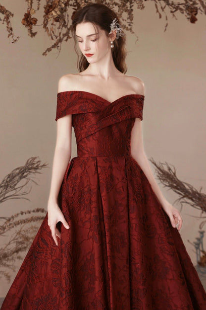 Burgundy Satin Long Prom Dress, Beautiful A-Line Off the Shoulder Evening Party Dress