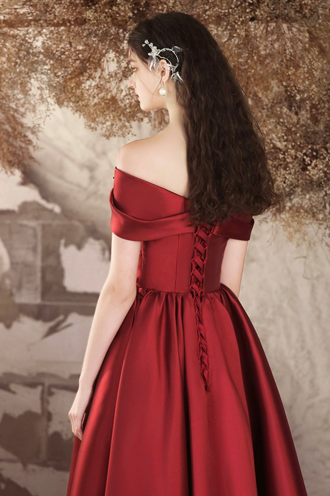 Burgundy Satin Long A-Line Prom Dress, Off the Shoulder Evening Party Dress