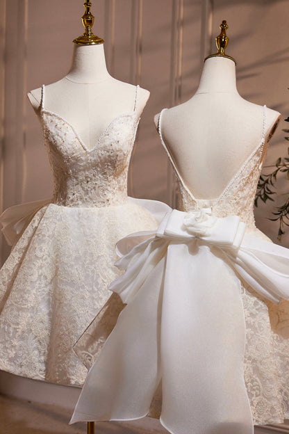 Light Champagne V-Neck Lace Short Prom Dress, A-Line Spaghetti Straps Backless Party Dress with Bow