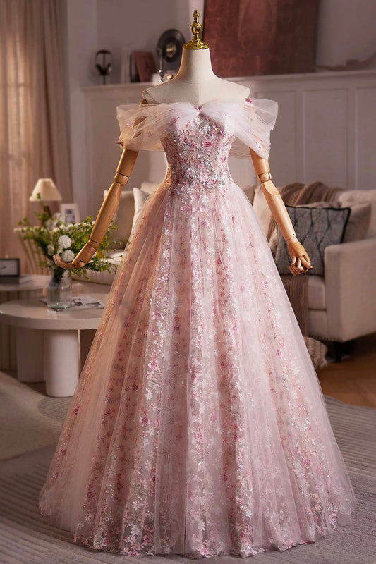 Beautiful Pink Beading Appliques Prom Dress, A-Line Off the Shoulder Evening Dress