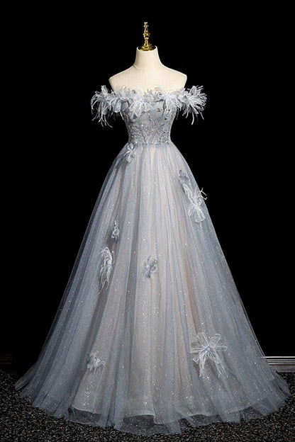 Gray Blue Tulle Beads Long Prom Dress, Off the Shoulder Party Dress
