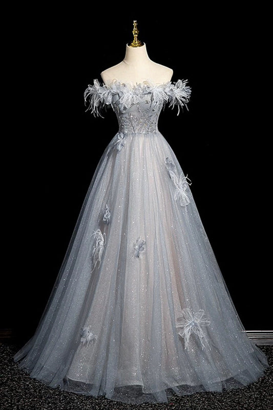 Gray Blue Tulle Beads Long Prom Dress, Off the Shoulder Party Dress