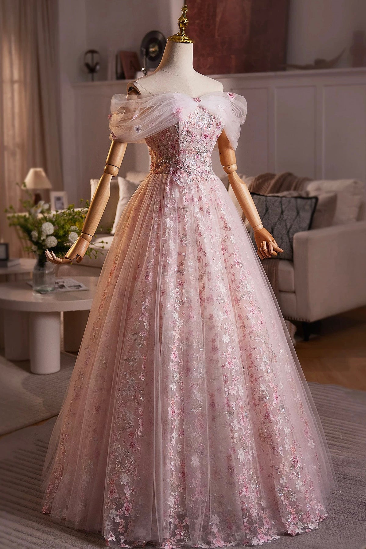 Beautiful Pink Beading Appliques Prom Dress, A-Line Off the Shoulder Evening Dress