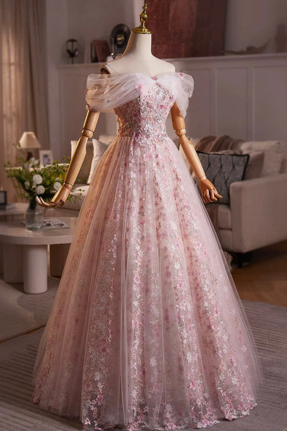 Beautiful Pink Beading Appliques Prom Dress, A-Line Off the Shoulder Evening Dress