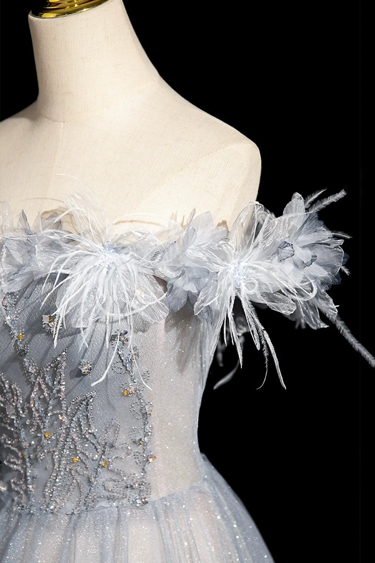 Gray Blue Tulle Beads Long Prom Dress, Off the Shoulder Party Dress