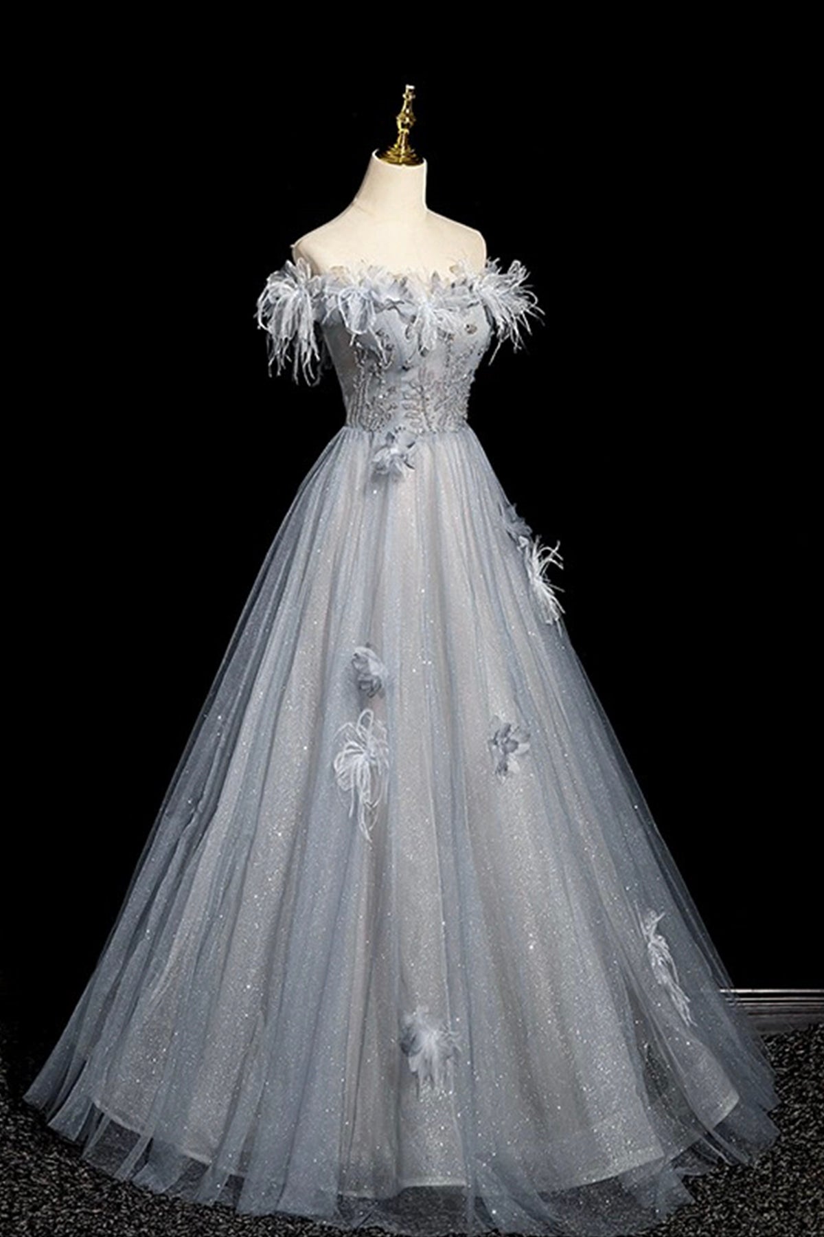 Gray Blue Tulle Beads Long Prom Dress, Off the Shoulder Party Dress