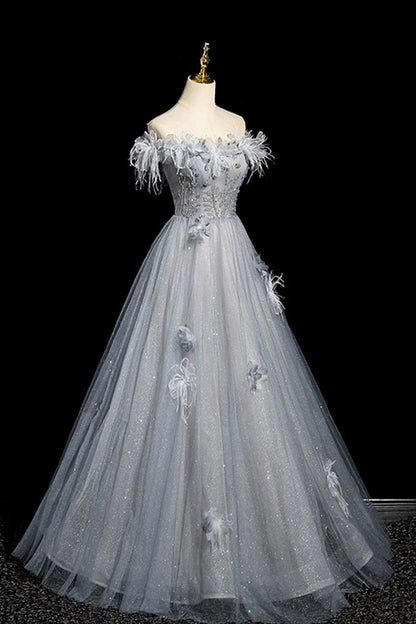 Gray Blue Tulle Beads Long Prom Dress, Off the Shoulder Party Dress