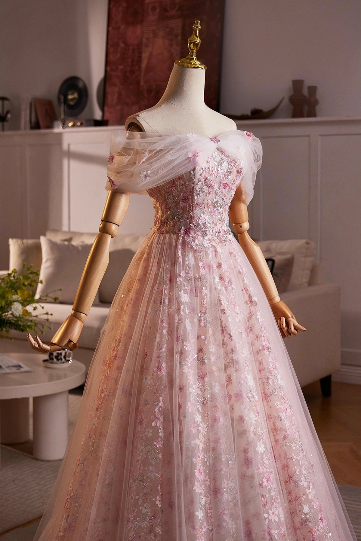 Beautiful Pink Beading Appliques Prom Dress, A-Line Off the Shoulder Evening Dress